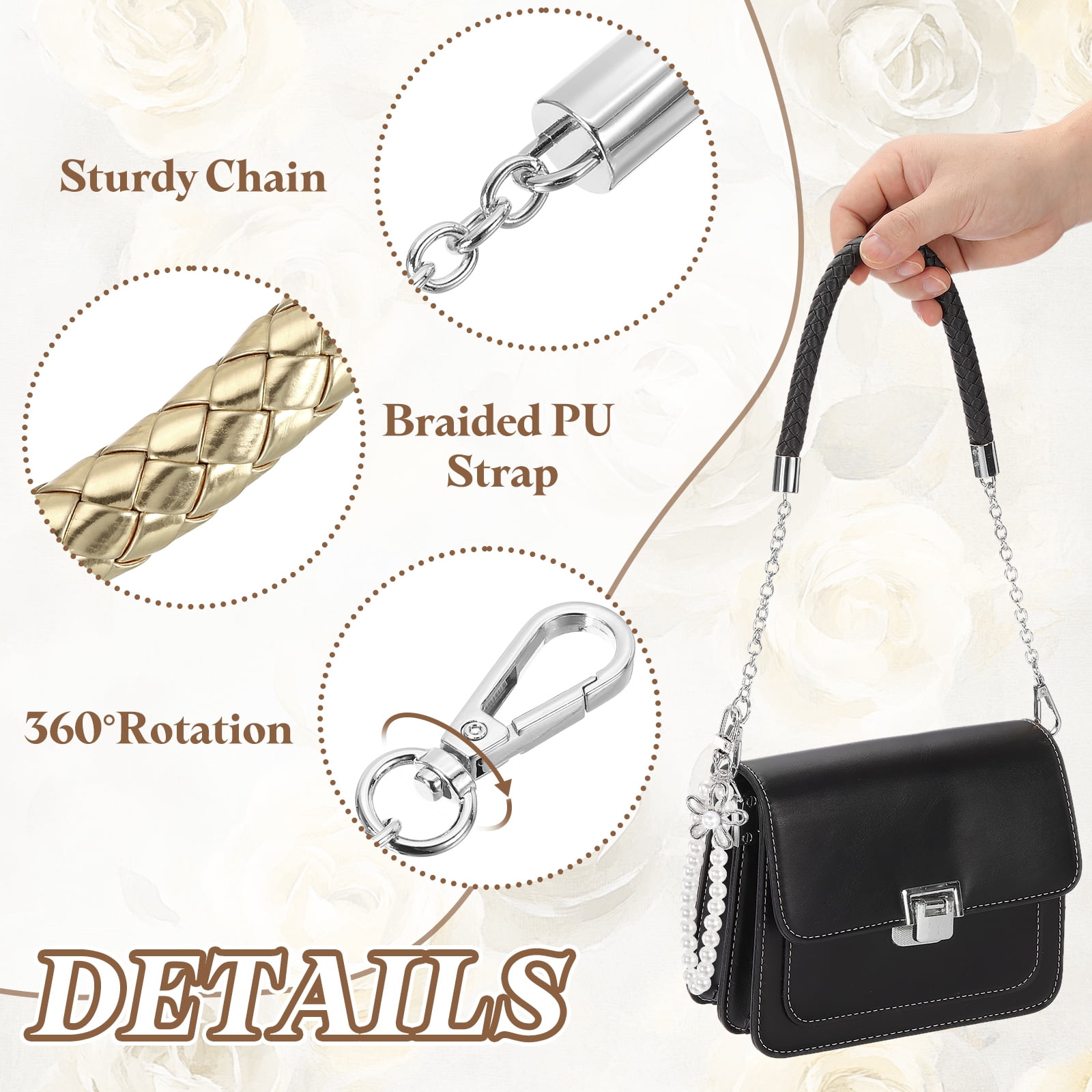 Uxcell 2 Pcs PU Leather Chain Purse Strap, 23.6 Inch Braided Purse Handles Replacement Strap with Pearl Pendant for Tote Bag Handbag Underarm Bag (Light Gold, Silver Chain)