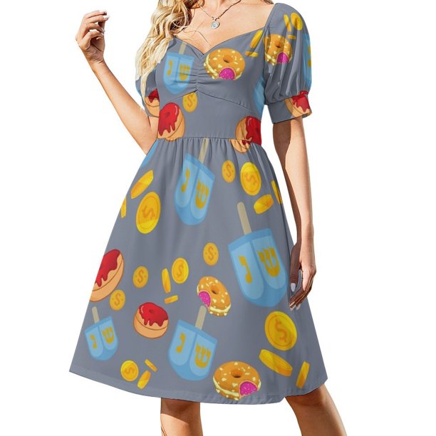 Vestido de manga corta con diseño de dreidel de Hanukkah / Chanukah Ropa Tendencia de ropa de mujer 2025 Vestidos de moda para mujer Vestido