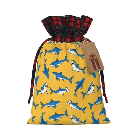 Kdxio Shark Print Christmas Drawstring Bags Xmas Buffalo Plaid Candy Bags Linen Treat Bags Christmas Gift Bags for Presents-Black