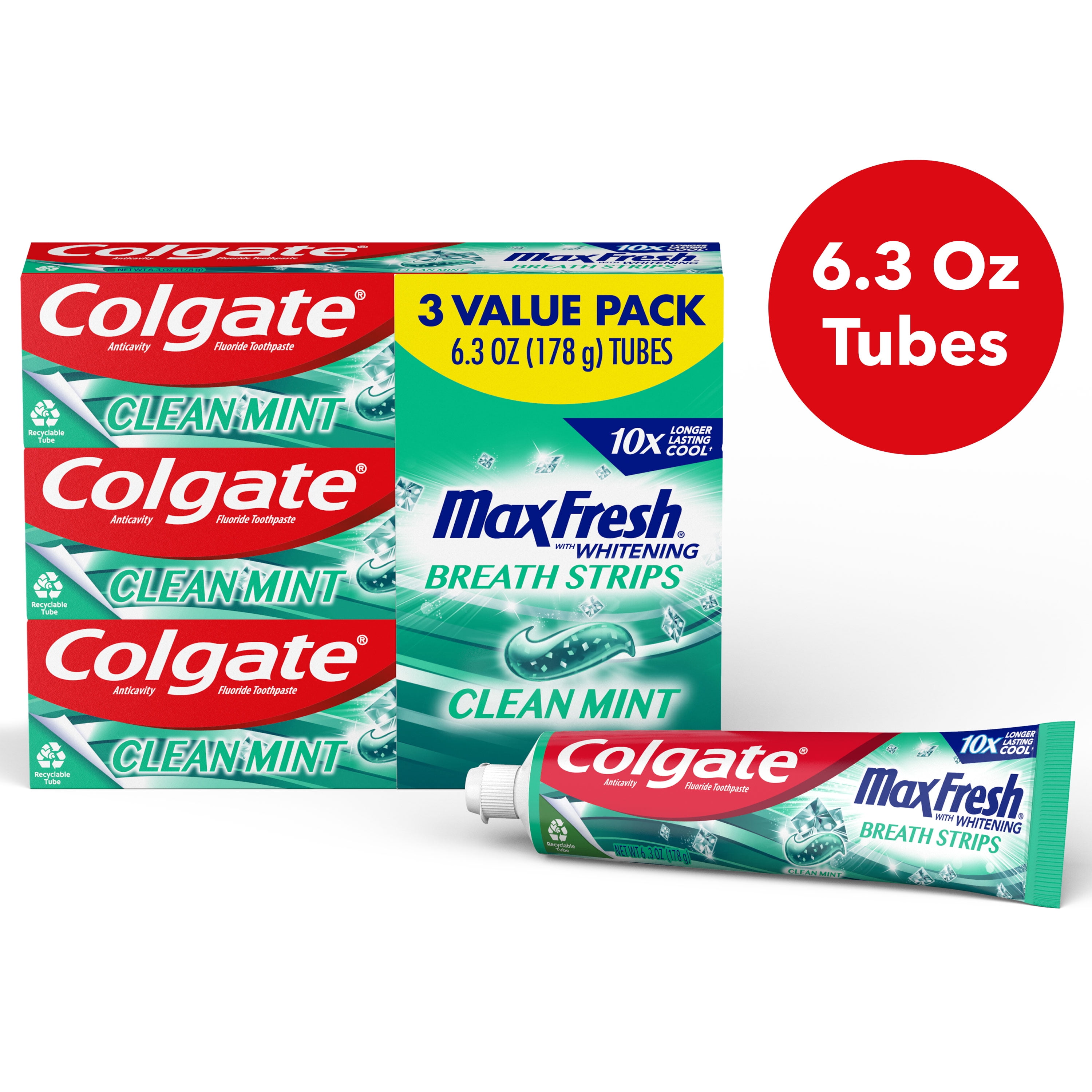 Colgate Max Fresh with Whitening Toothpaste with Mini Breath Strips, Clean Mint Toothpaste for Bad Breath, 6.3 Oz Tube, 3 Pack