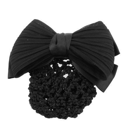 Ladies Ruched Bow Barrette French Hair Clip Bun Cover Black W Net