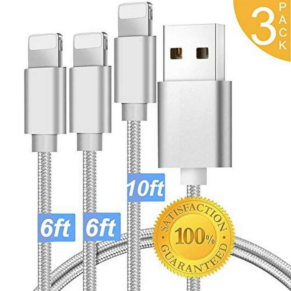 epacks Nylon Braided Phone Charger [3-Pack 6FT 6FT 10FT] USB Fast Charging Charge & Sync Cable Cord Compatible with Smart Phone X MAX Case 8 Plus 7 Plus 6 6s 5S 5C 5, Pad Mini Air - Silver