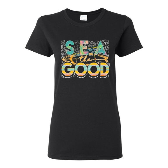 Wild Bobby Sea The Good Surfboard Sun Rise Good Vibes Nature Lover Women Graphic Tee, Black, Small