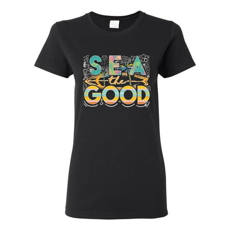 Wild Bobby Sea The Good Surfboard Sun Rise Good Vibes Nature Lover Women Graphic Tee  Black  X-Large