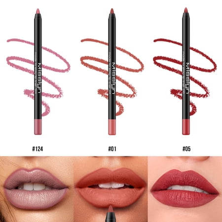 Misslyn 3PCS MADE TO STAY Lip Liner #, Creamy Color Slim Lip Pencil Long Lasting Sharpenable & Waterproof, #05 #124 #01