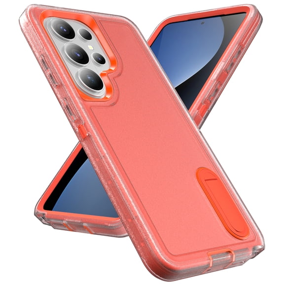 ELEHOLD for Samsung Galaxy S26 Ultra Rugged Protective Case Multi Layer Shockproof Hidden Kickstand Function Hybrid Silicone Hard PC Cover,Clear Orange