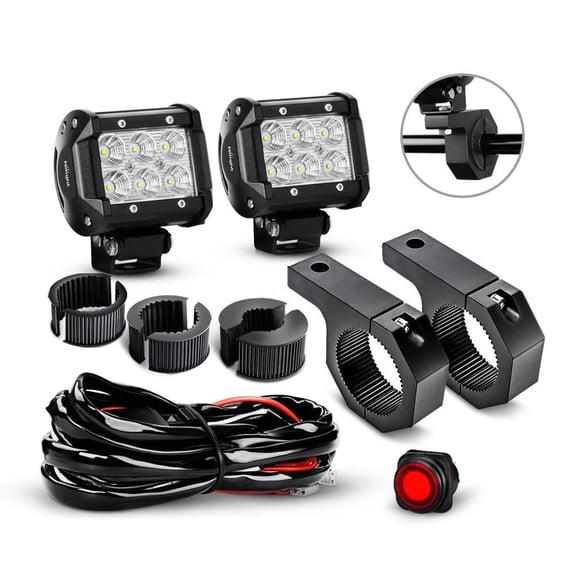 Nilight 2PCS 4 Inch 18W Flood LED Light Bars Off-Road Light Mounting Bracket Horizontal Bar Tube Clamp With Off Road Wiring Harness, 2 Years Warranty
