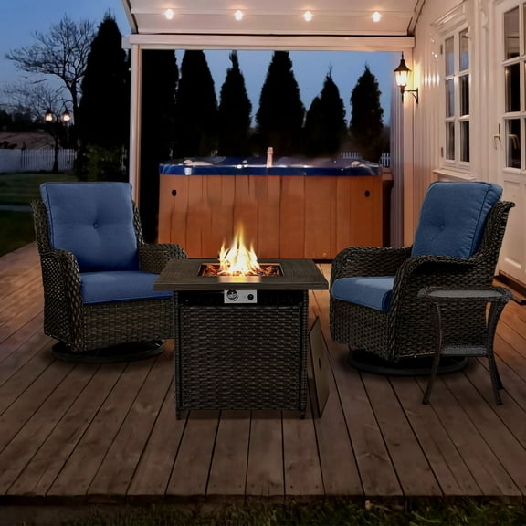 Gymojoy 4-Piece Outdoor Swivel Rocker Chairs Set with Fire Pit Table, Rattan Patio Furniture Set, with 2 Rocking & Swivel Chairs, 1 Coffee Table, and 1 Fire Pit Table
