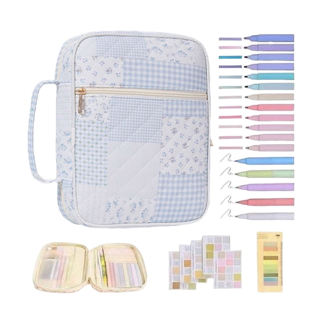 Study and Travel Journal Organizer with Quilted Book Cover Handles Zipper Closure and Highlighter Tabs for Secure Carrying