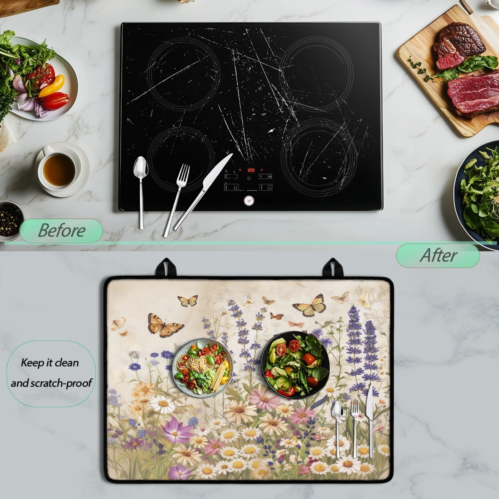 Renewold Electric Stove Top Cover for Cooktop, Induction Electric Stove Cover Anti-slip Glass Cooktop Mat Extra Large Flat Top Stove Mat Easy Storage, Butterfly Floral Beige