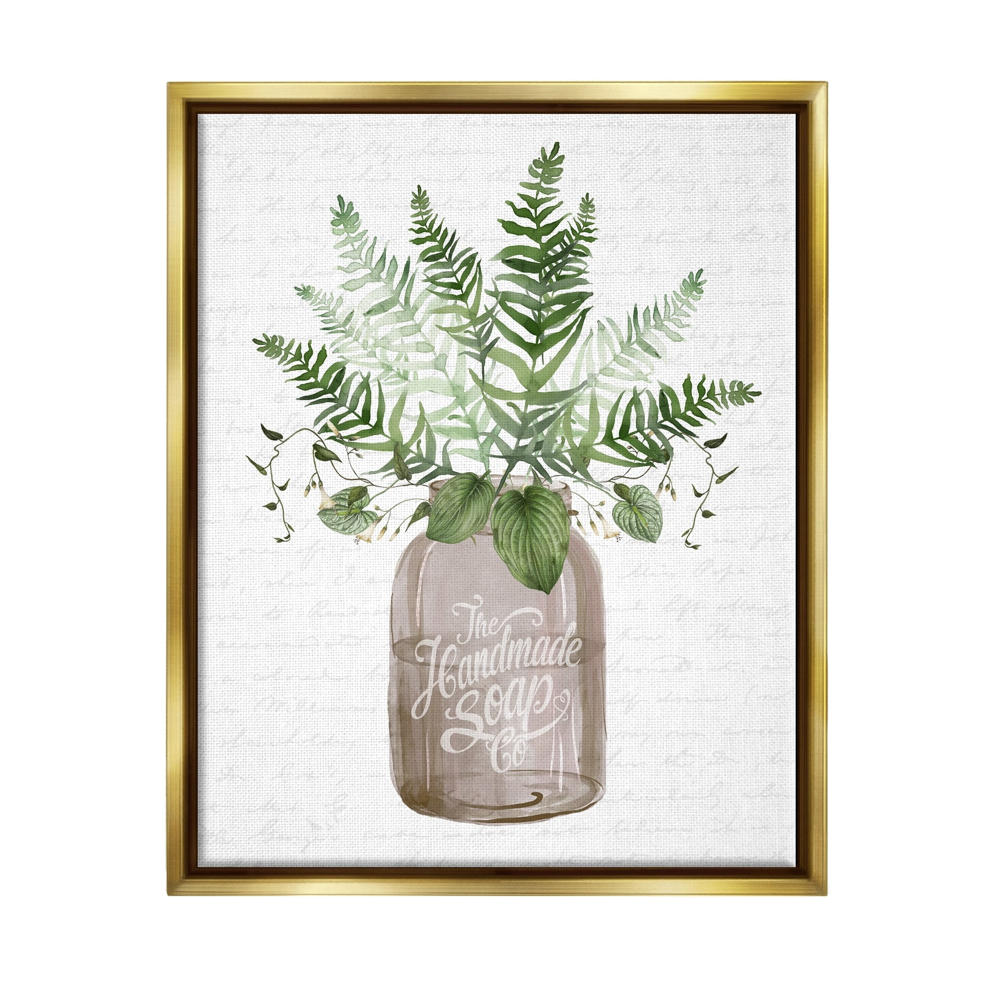 Stupell Industries Mixed Green Leaves Botanical Bouquet Jar Cursive Graphic Art Metallic Gold Floating Framed Canvas Print Wall Art, Design by Lettered and Lined