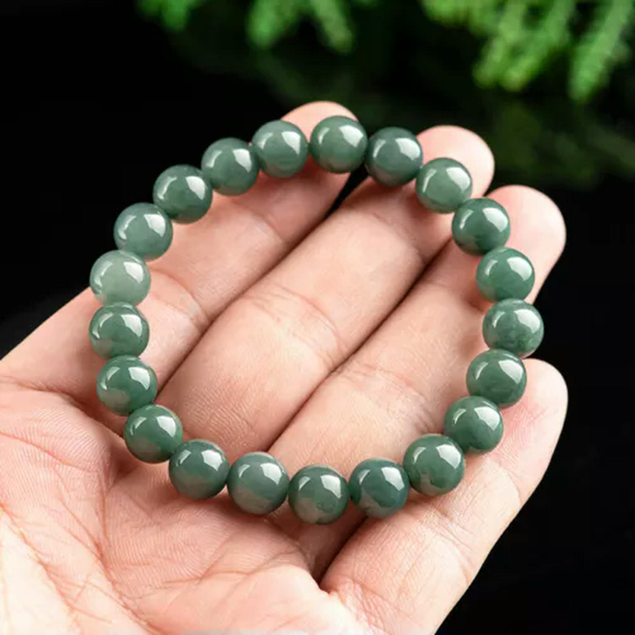 HOOUN Natural Grade A Green Jade Jadeite Lucky Men Women 9mm Beaded Bracelet