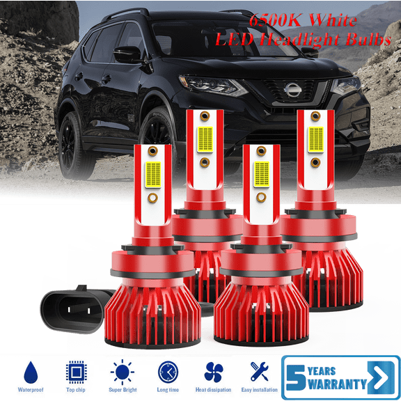 For Nissan Rogue 2014-2020 Combo LED Headlight High Low Beam Bulbs 4 Pack, 6,500K Cool White 30,000LM Super Bright