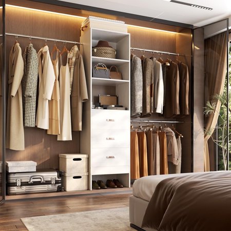 iSunirm 96'' Closet System - 8FT Closet Organizer System with 3 Wood Drawers. Wall Mounted Closet Wardrobe with 3 Adjustable Hanging Rods, 5-8FT Width Adjustable, 96''L x 15.8''W x 75''H, White