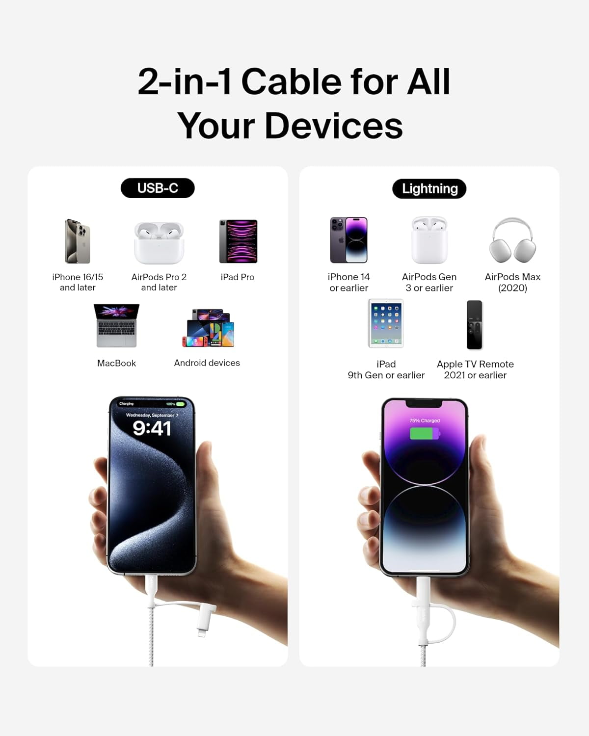 Belkin BoostCharge 2-in-1 USB-C Charging Cable w/USB-C & Lightning Connector - Braided Fast-Charging Cable, Multi-Charging Combo Cord for Apple iPhone, iPad, Samsung, MacBook, & More - White
