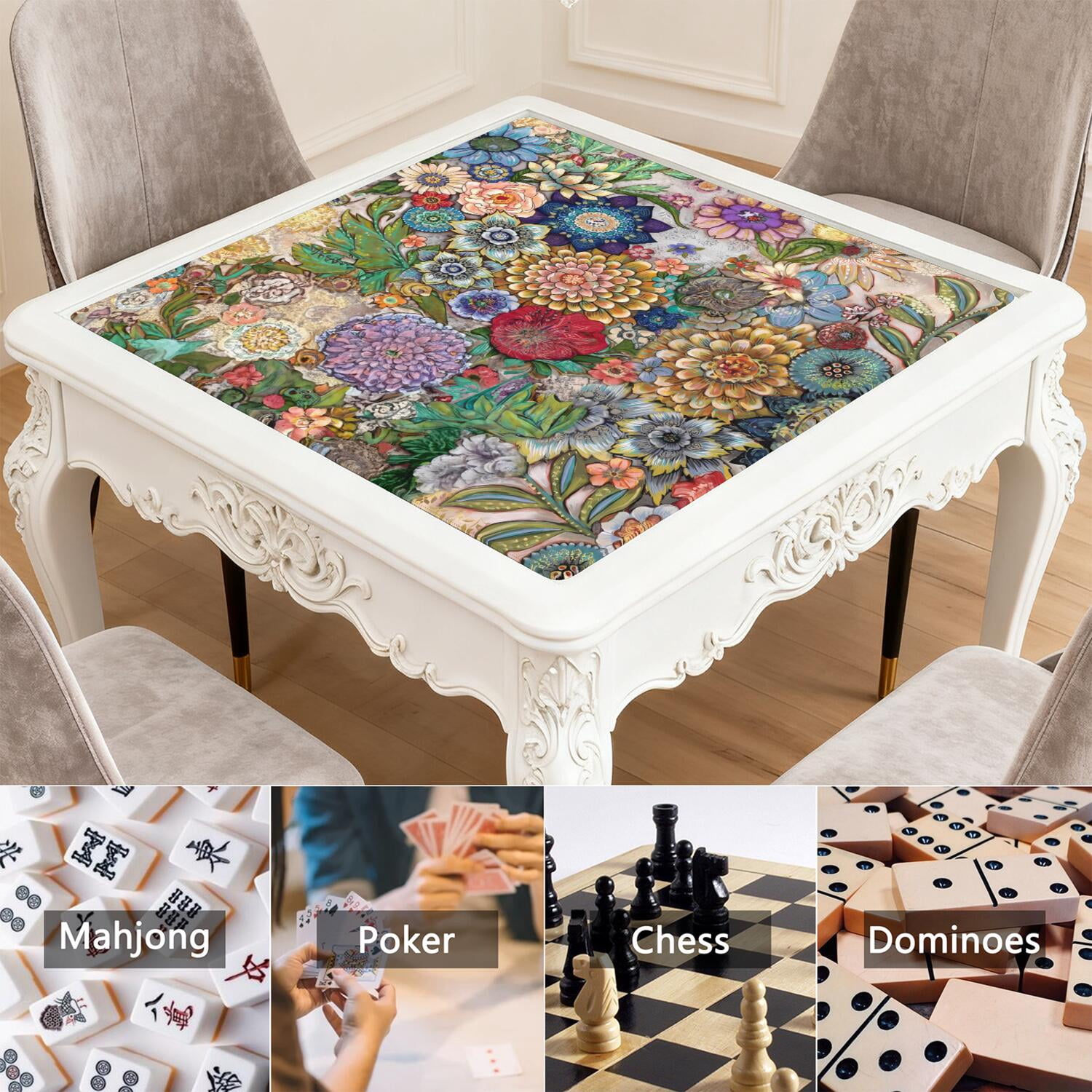 Classic Boho Pattern Extra Large Non-Slip Mahjong Mat 31.5 Inch Square Rubber Playing Pad with Quiet Design for Tiles Card Games and Board Game Nights