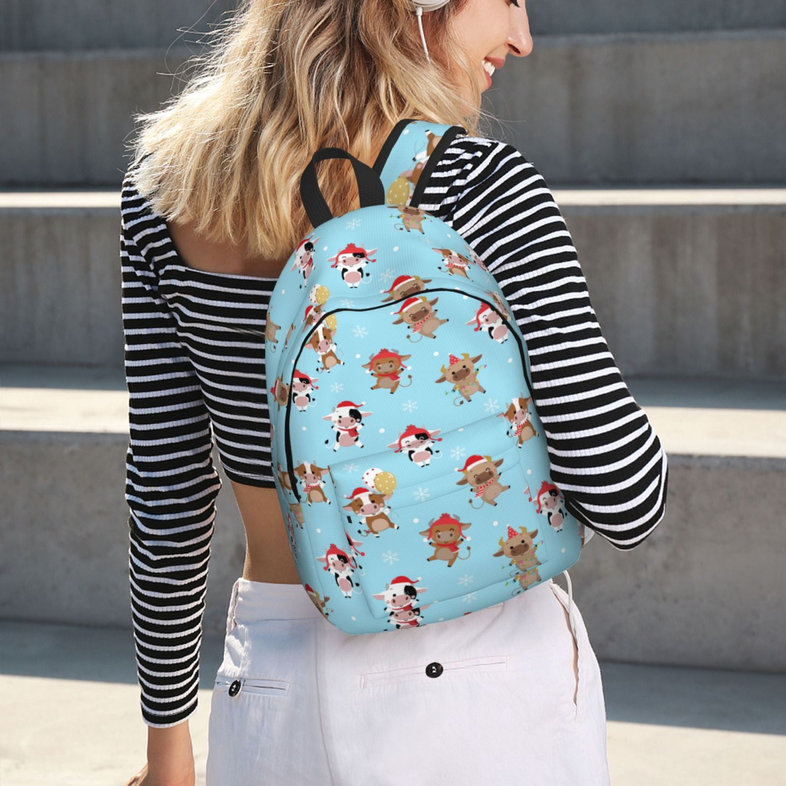 Vsdgher winter cow cute Print Canvas Backpack Travel Rucksack Unisex Knapsack 15.7/17.7Inch Laptop Backpack for Work,College -Small