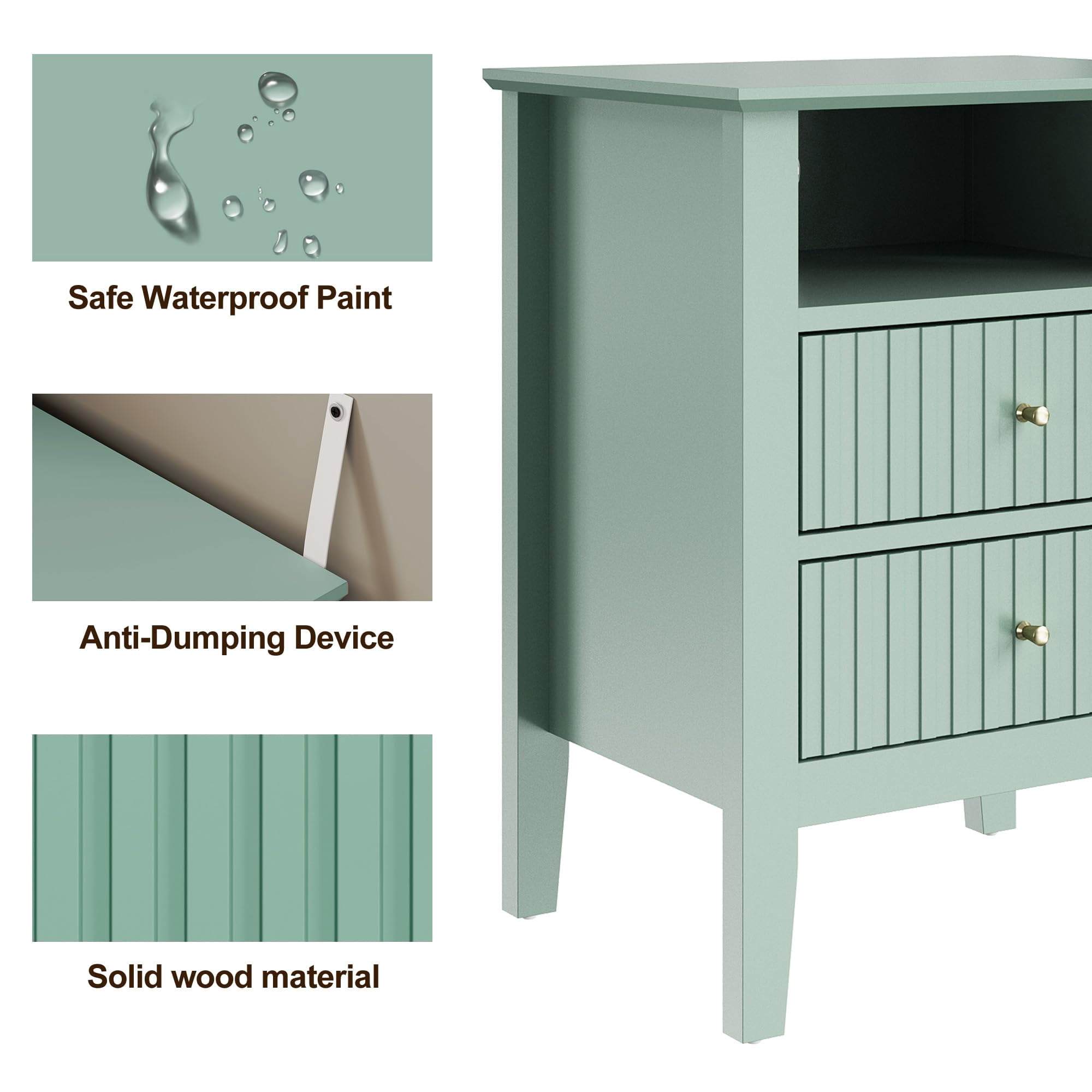 Heynemo Green Fluted Nightstand with 2 Drawers Set of 2, Modern Wooden Sofa Table for Small Spaces, Tall End Table for Bedroom, Living Room