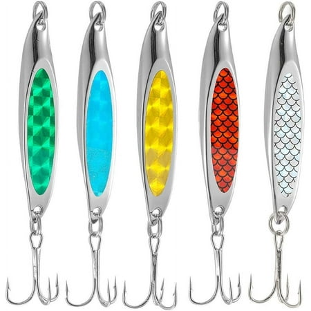 wedge fishing lures sea Trout Lures Metal Slice Spoon Treble Hooks Mackerel sequins spinner Hard Baits Casting Blade Tackle box TXB-1 (yellow+blue+red+green+white)(5pcs)