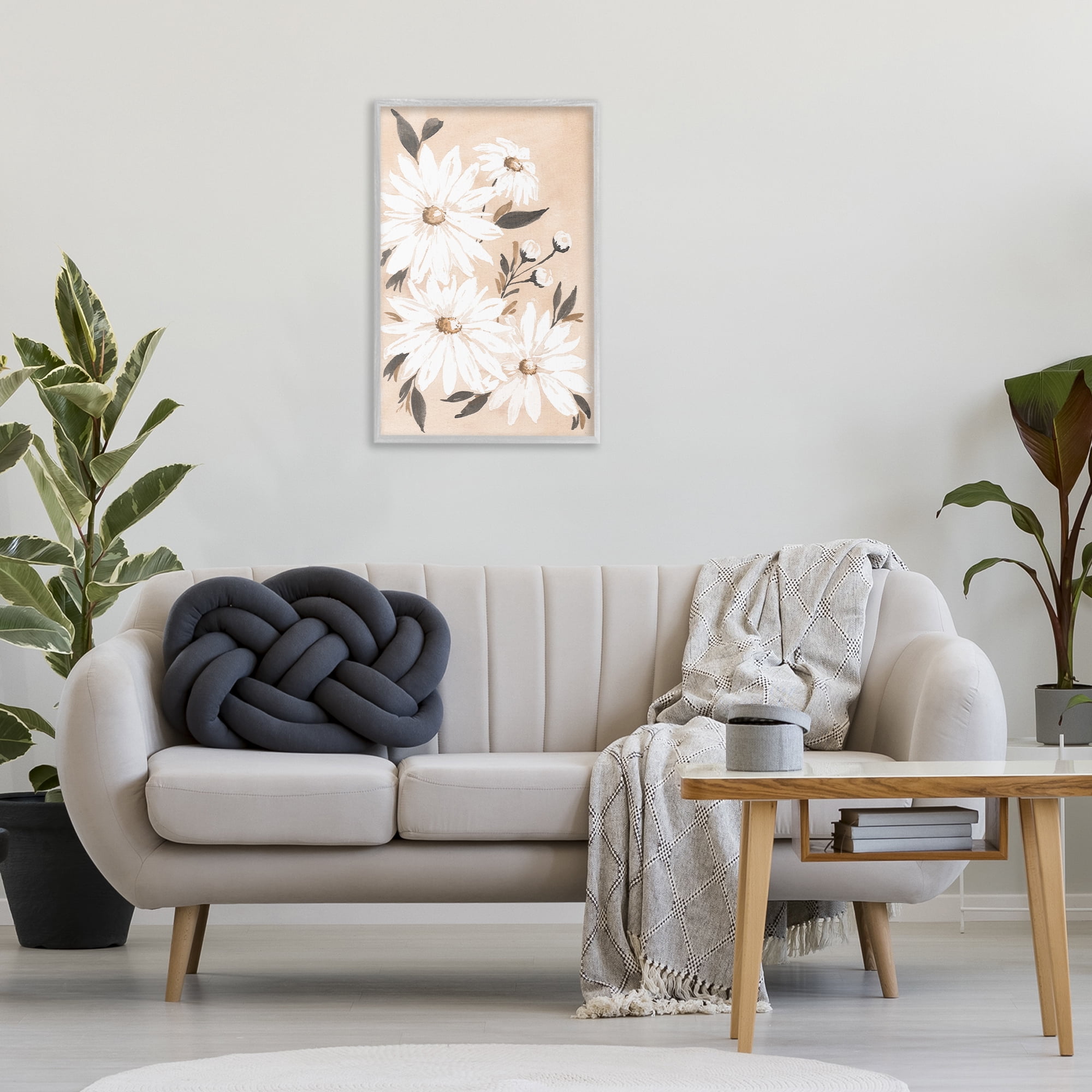 Stupell Industries Muted Neutral Daisies Botanical & Floral Painting Gray Framed Art Print Wall Art, 20 x 30