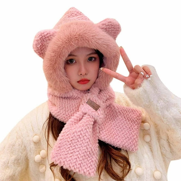 Xfvqtps Womens Hat Scarf Integrated Plush Brim Cute Ears Furry Thickened Windproof Coldproof Warm Outdoor Solid Color Simplicity Winter Hat Scarf Set Pink