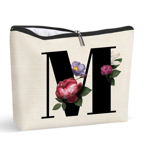 Bolsa de maquillaje personalizada con letra M, bolsa de maquillaje para mujer con letra floral inicial, bolsa de artículos de tocador, bolsa de lona para viajes, ideas de regalo para mujeres, niñas y