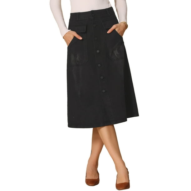 Faldas midi en A para mujer INSPIRE CHIC, con botones en la parte delantera, de cintura alta, de mezclilla, talla XL, color negro