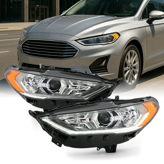 AKKON - Fits 2017-2020 Ford Fusion Halogen w/ LED DRL Model Projector Chrome Headlights Pair Driver Left   Passenger Right