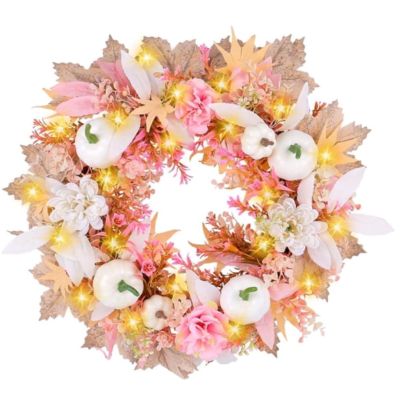 Fall Wreath for Front Door,16 inch Autumn Wreath with Lights,White Pumpkin,Pink Flowers Leaves,Fall Floral Wreath for Front Door Thanksgiving Halloween Harvest Festival Home Decor for Indoor,Outdoor