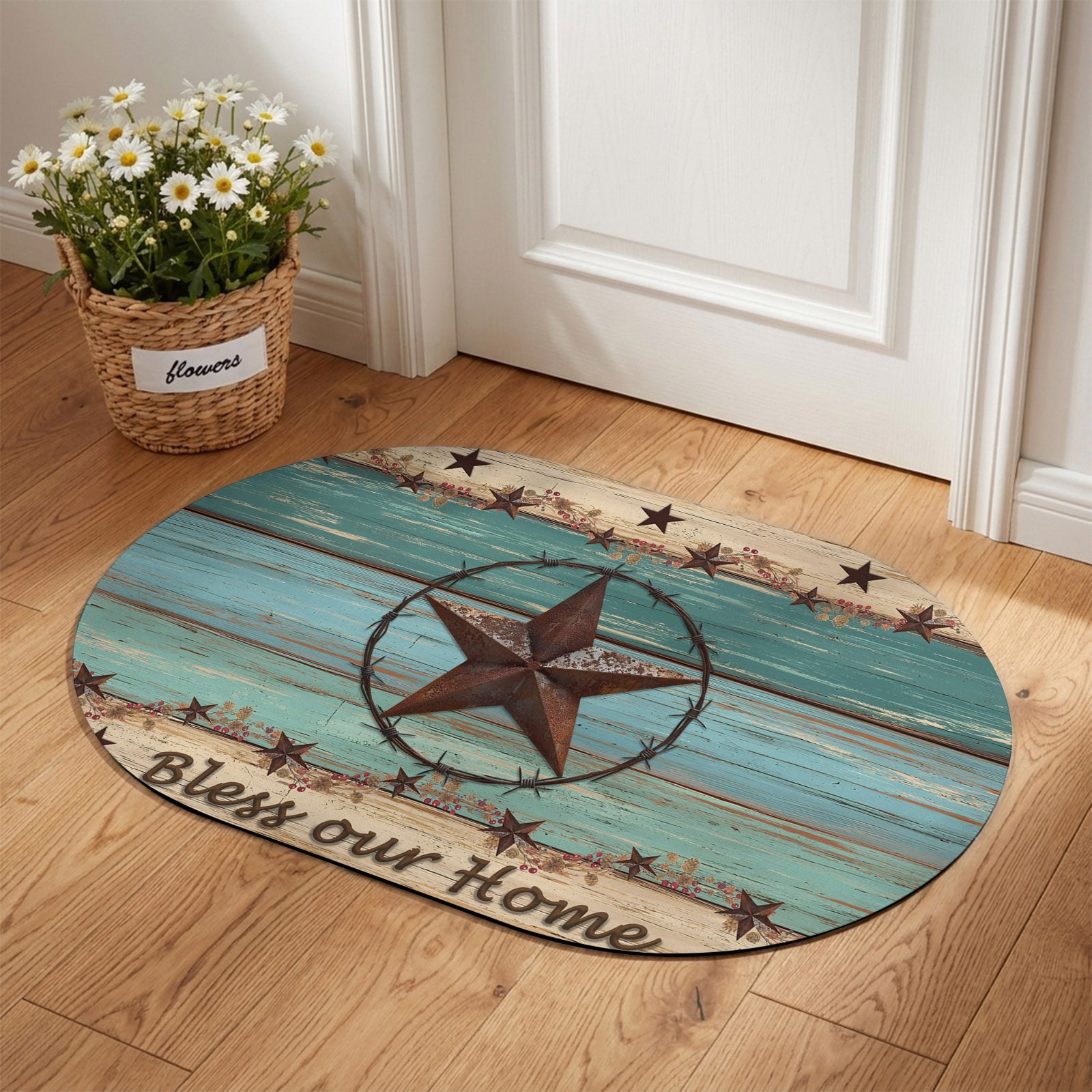 Front Door Mat Outside Entrance 18 x30 Western Texas Star Vintage Absorbent Doormat Indoor Entrance with Non-Slip Backing Rubber Low-Profile Welcome Mat for Entryway Country Teal Green Wood Home