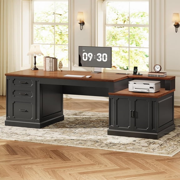 SEDETA 71 Inch Farmhouse Computer Desk with Storage, Mid Century Style Wood Home Office Desk with Power Outlets,3 Wood Drawers and Cabinet, Executive Desk, Writing Desk for Bedroom, Black & Brown