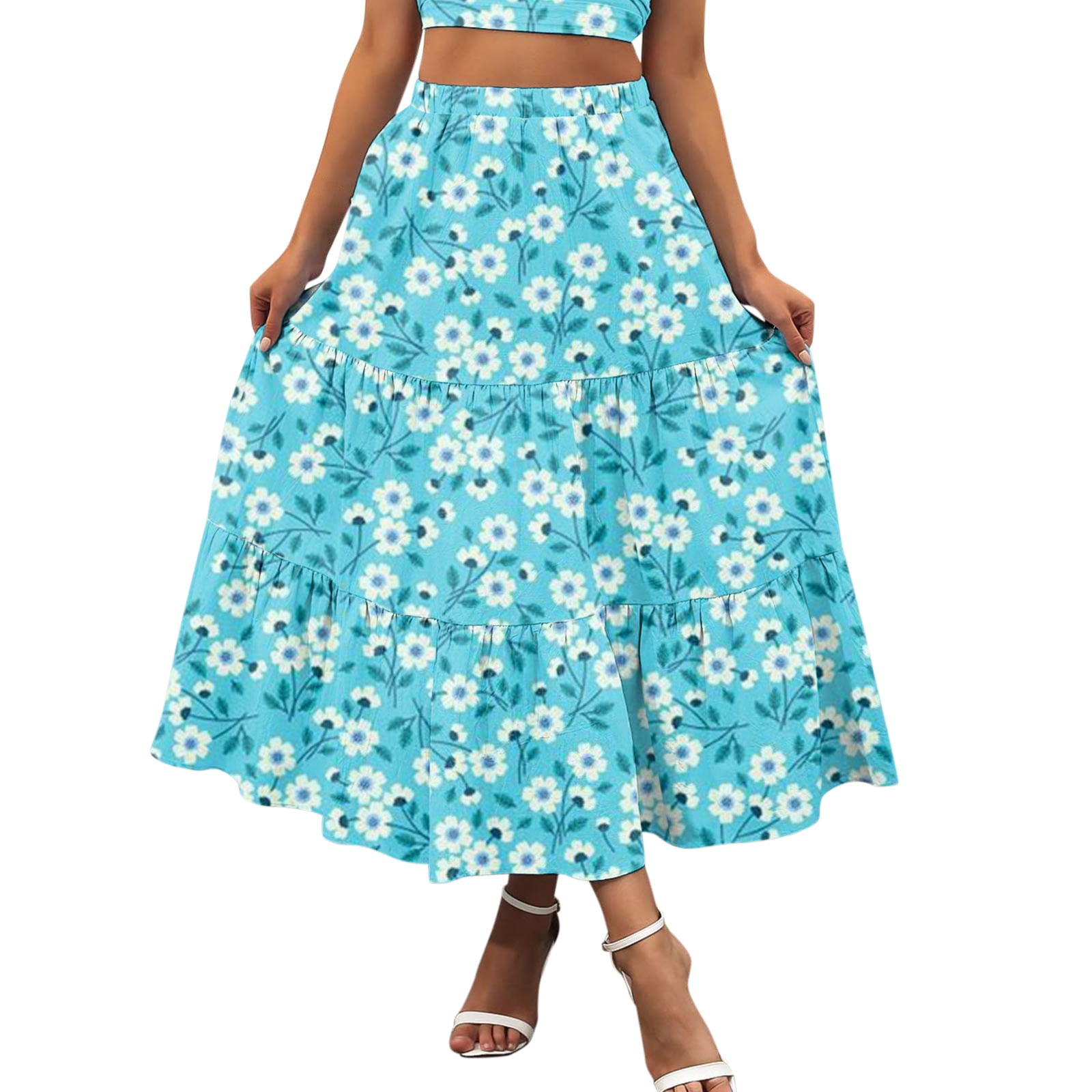 adviicd Womens Skirts Womens Reversible Long Skirt Broomstick Boho Midi Skirt Blue L