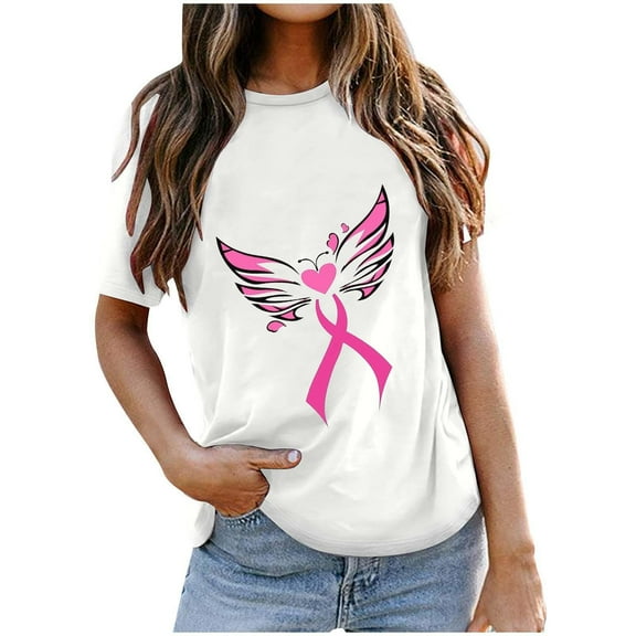 VKOYWKM Womens Breast Cancer Tshirts Breast Cancer Awareness T-Shirts Pink Ribbon T-Shirts Inspirational Breast Cancer Crew Neck Short Sleeve Tee Tops