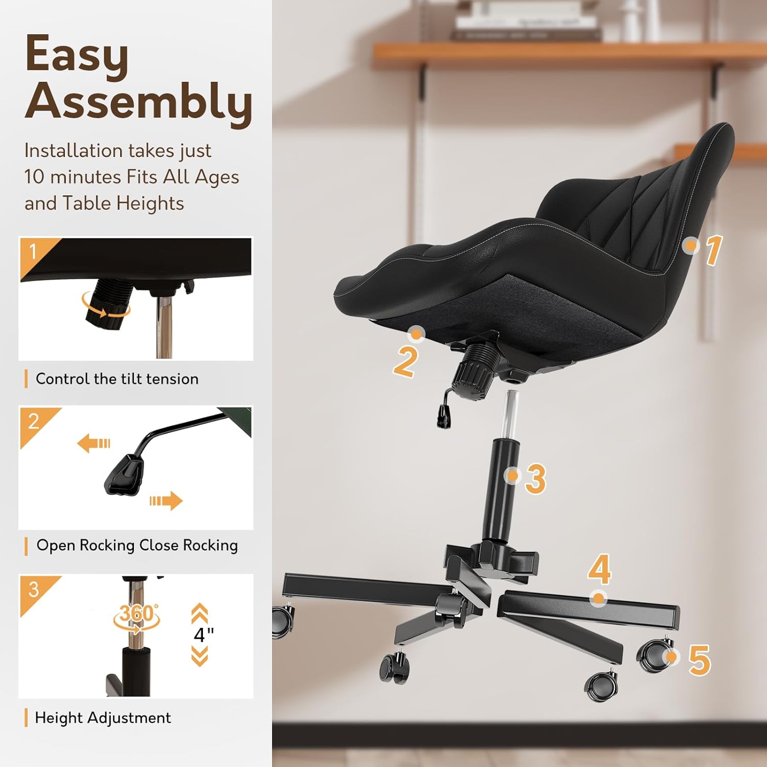 HomeZeer Space Saving Armless Office Chair with Wheels, Adjustable Height PU Leather Swivel Computer Task Chair, Soft Padded Mid Back Vanity Chair Design for Home Office & Small Spaces, Black