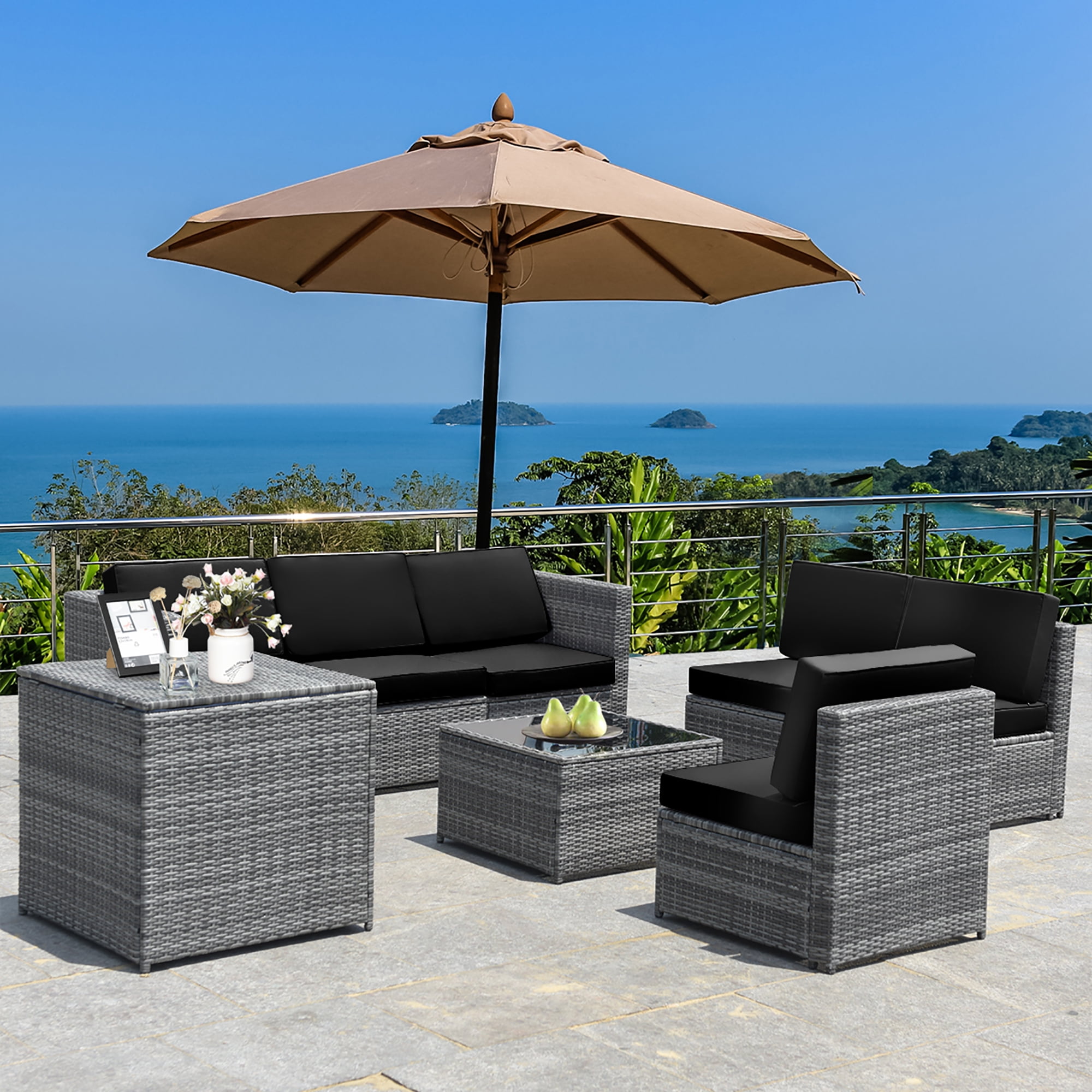 Costway 8 Pcs Wicker Rattan Sectional Patio Furniture Set with Storage Table, Black