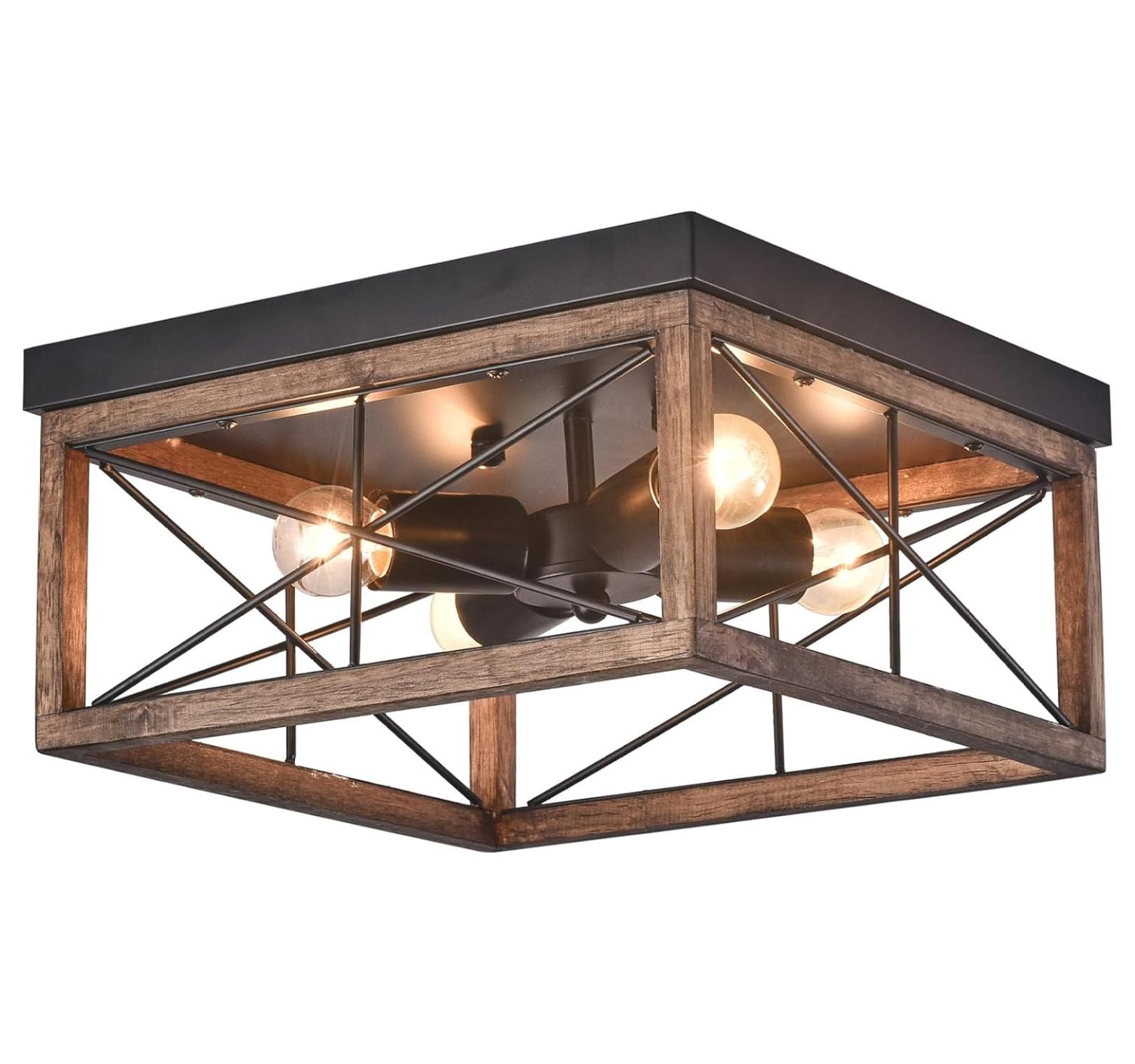 4-Light Rustic Wood Flush Mount Ceiling Light Metal Square Cage Farmhouse Lighting Close to Ceiling Light Fixture Black for Dining Room Bedroom Living Room Kitchen Hallway Entryway Foyer