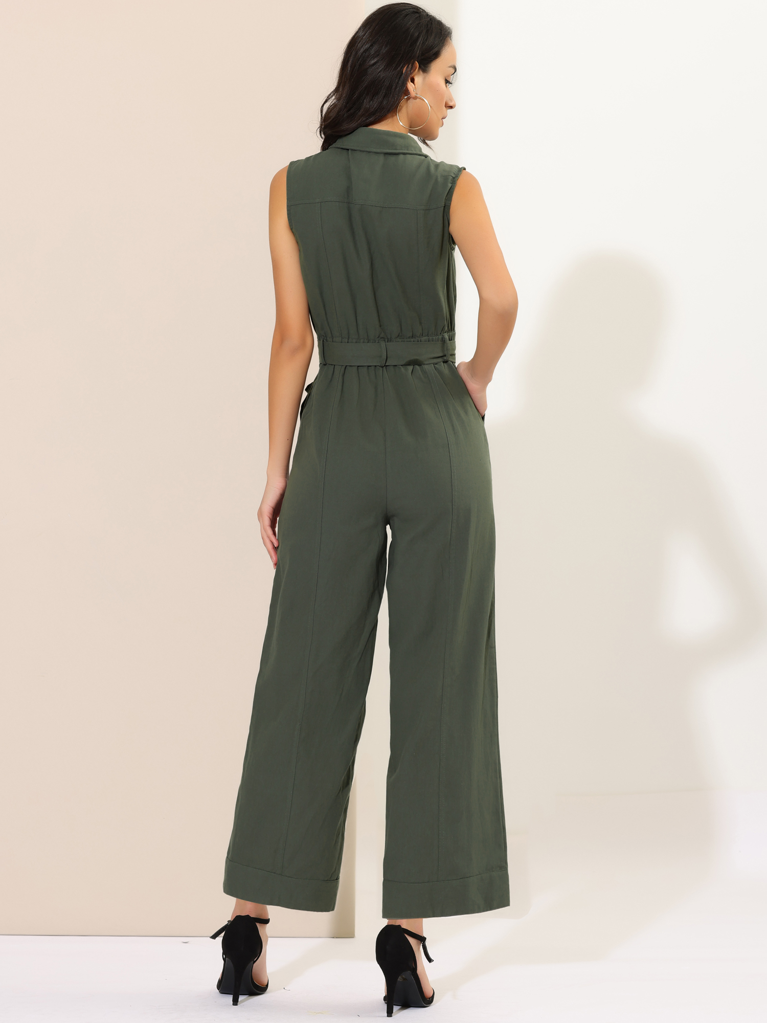 DARING DIVA Women's Wide Leg Jumpsuit Collared Tie Waist Coverall S Army Green