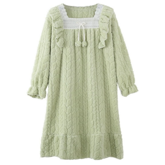 Byworldtasic Winter Lace Flannel Nightdress for Women Thickened Warm Long Sleeve Midi Nightdress