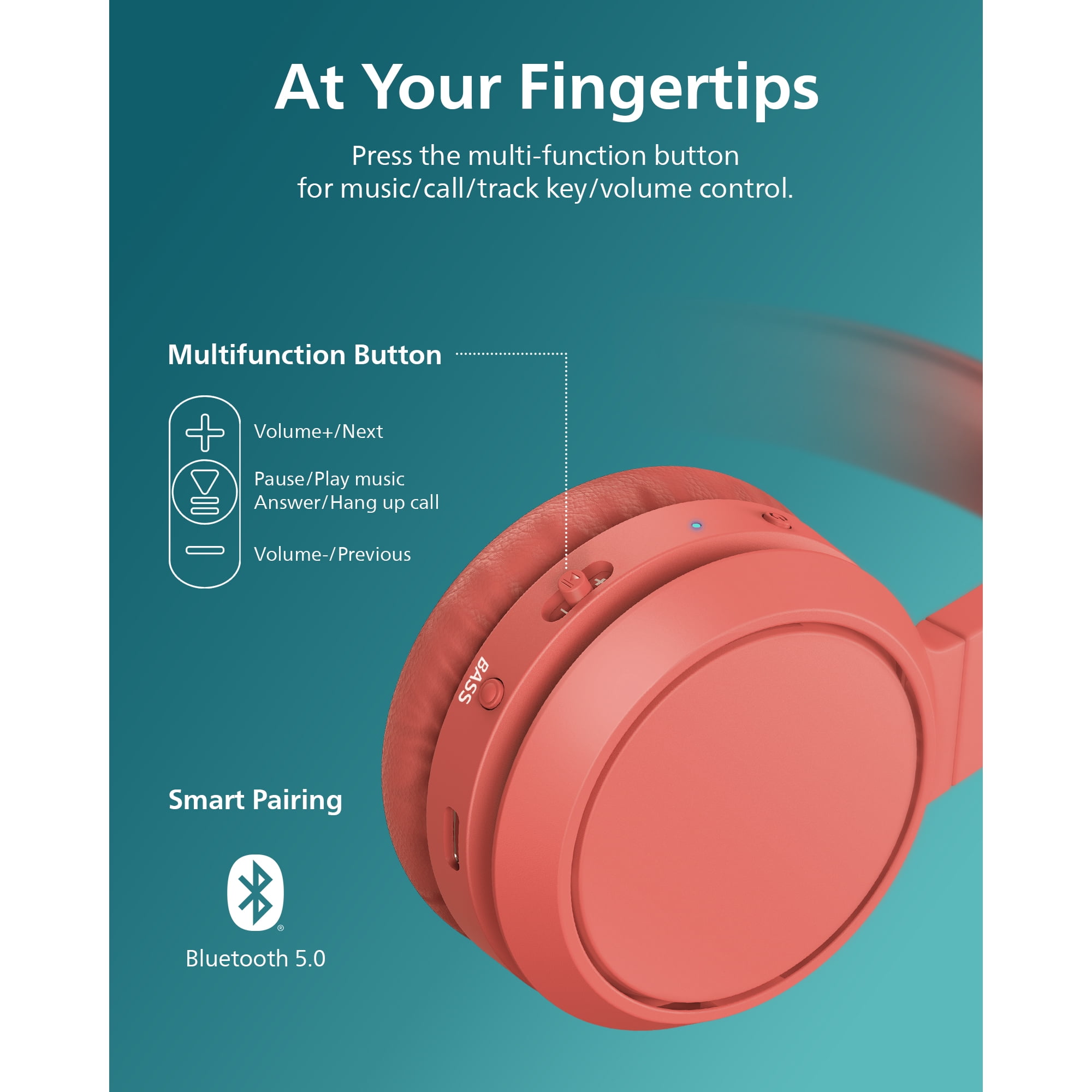 Philips H4205 on-Ear Wireless Headphones with 32mm Drivers and BASS Boost on-Demand, Red