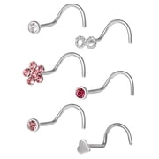 Adult Womens Body Jewelry 22G Multi Shape Stainless Steel & Crystal Nose Ring, 6 Pack