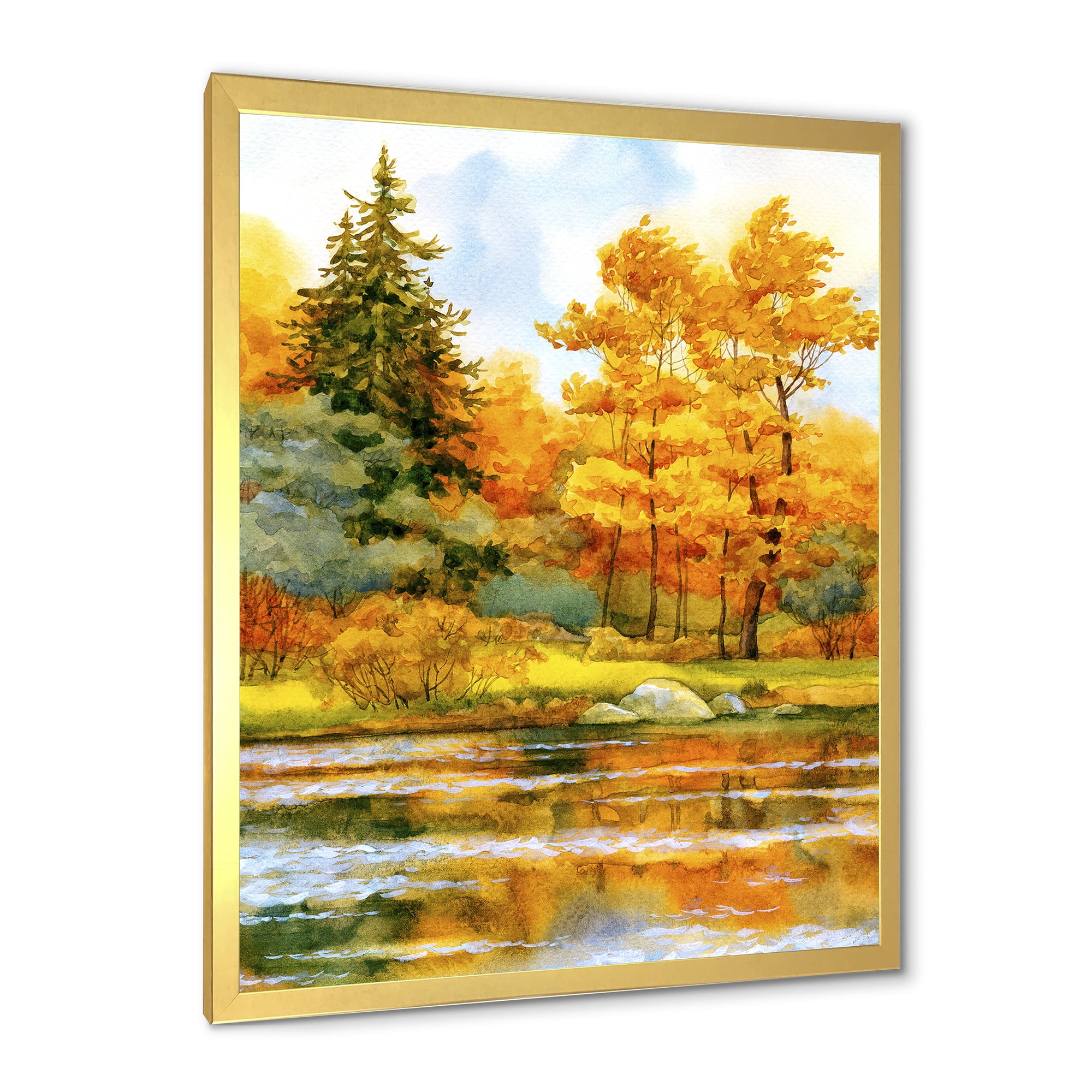 Designart 'Autumn Forest By The Lake Side II' Lake House Framed Art Print