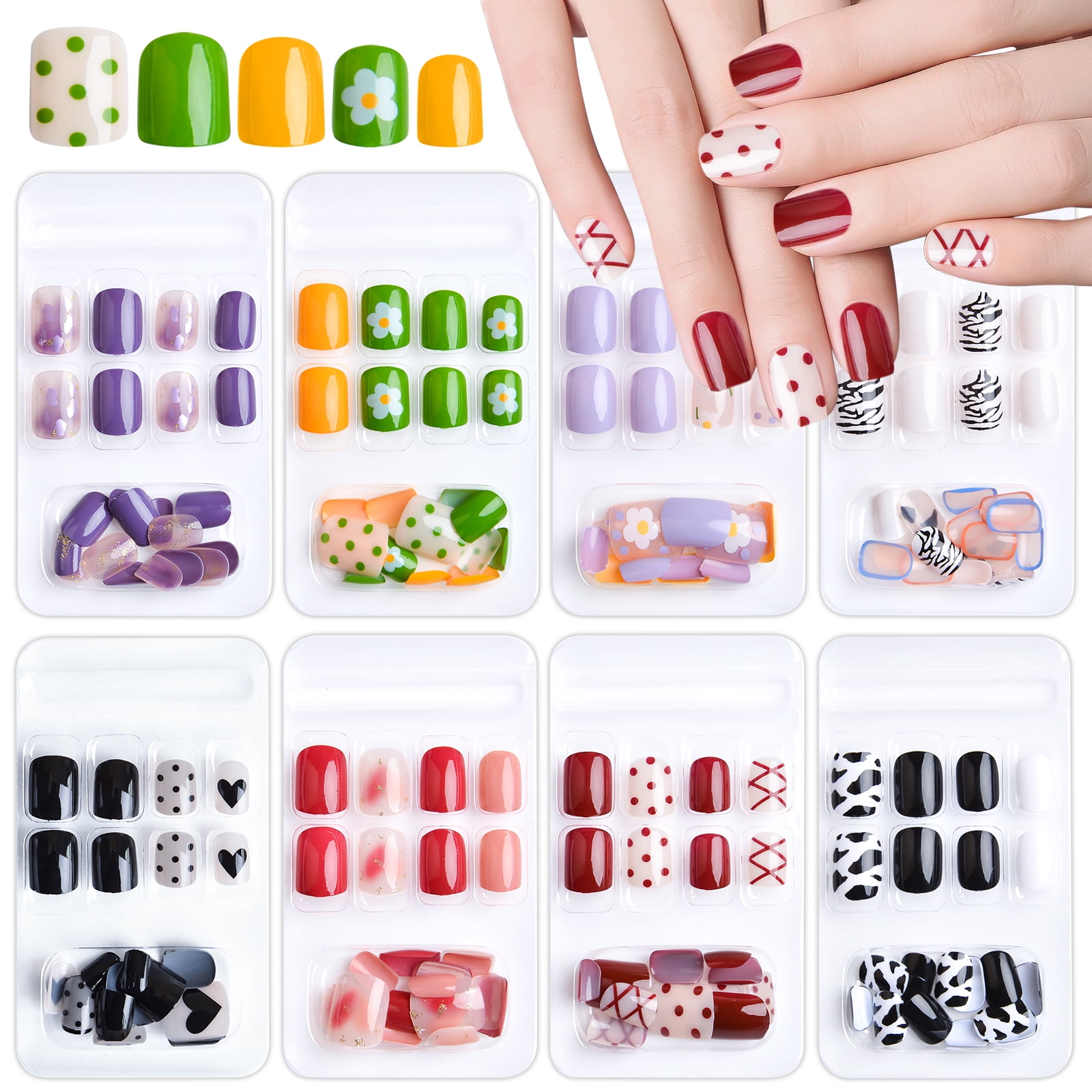192 Pcs Short Press On Nails, Kalolary Square False Nails With Design
