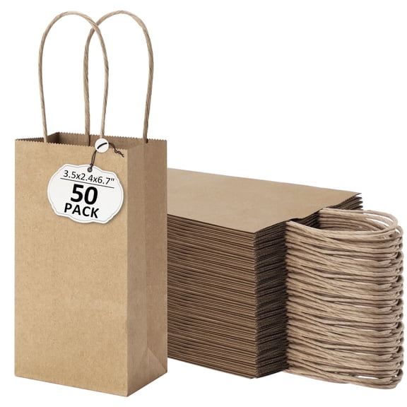 BagDream 50 Pack Mini Brown Gift Bags with Handles Kraft Paper Bag for Party Favors, Wedding, Retails, Birthday, Baby Showers, 3.5x2.4x6.7 inches
