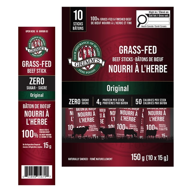 Grimm's Gras Fed and Finished Beef Sticks, 10x 15g, Zero Sugar, Naturally Smoked, 4g of protein per stick , 50 calories per stick
