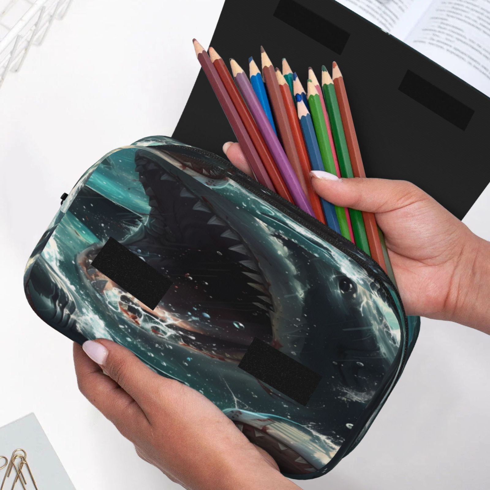 Rateoe Wave Ocean Animal Shark Pattern Double Clamshell Pen Case, Storage Organizer with Two Zipper Compartments– Holds Up to 50 Pencils & Pens