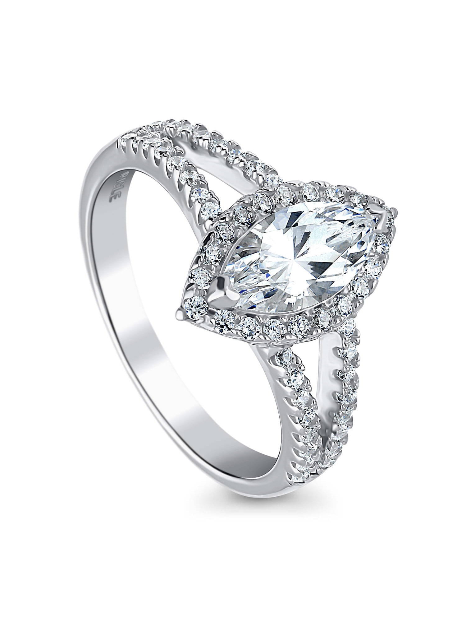 Princess Kylie Halo Set Round Center Cubic Zirconia Split Band Wedding Ring Rhodium Plated Sterling Silver