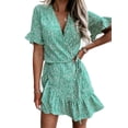 thumbnail image 3 of FASHIONWT Women V-Neck Tie Wrap Dress Short Sleeve Print Casual Dress, 3 of 4