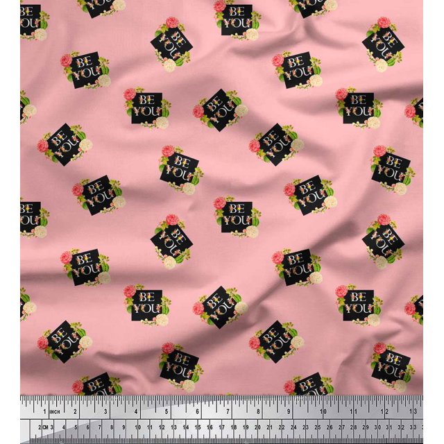 Soimoi Pink Poly Georgette Fabric Floral & Be You Text Print Sewing Fabric BTY 52 Inch Wide