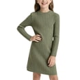 thumbnail image 2 of Sweater Dresses for Girls Size 9-10 Long Sleeve Crew Neck Casual Ribbed Knit Fall Soft Pullover Dress Army Green, 2 of 5