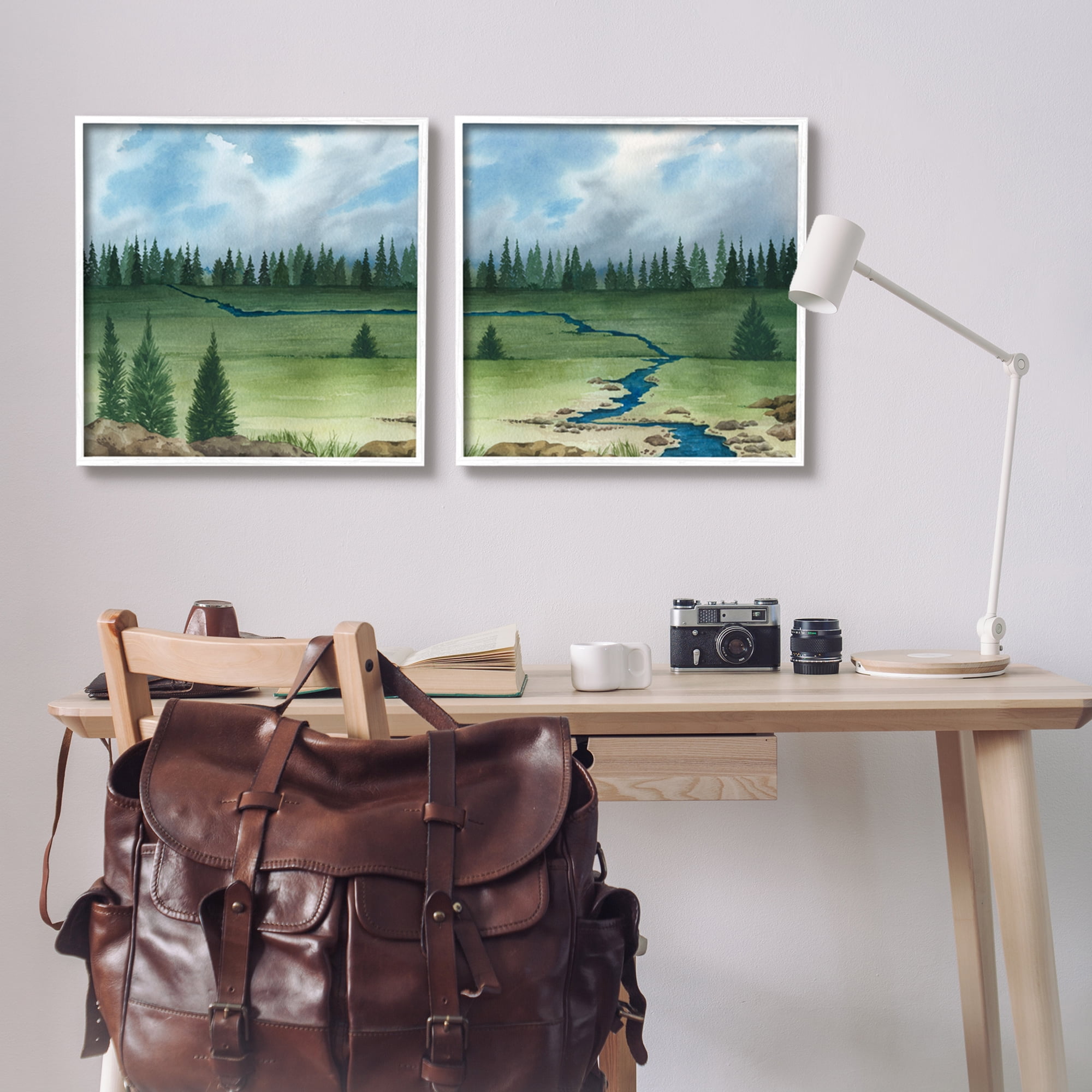 Stupell Distant Stream Trees Nature Landscape Landscape Painting White Framed Art Print Wall Art, Set of 2